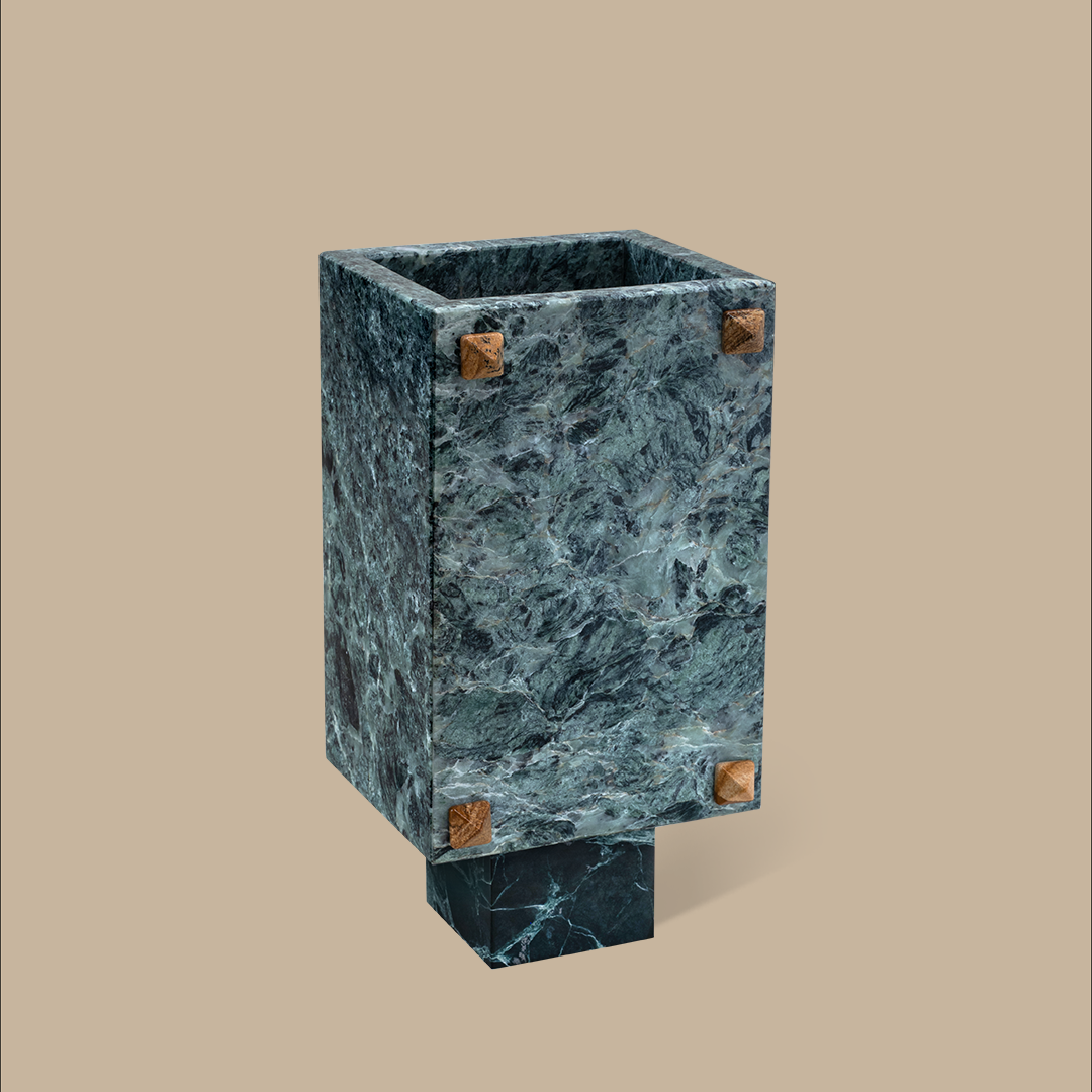 Trunk Vase - Verde Alpi Marble with Rivets