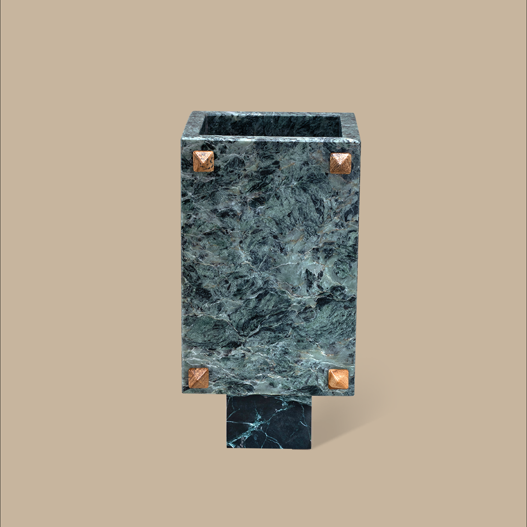 Trunk Vase - Verde Alpi Marble with Rivets