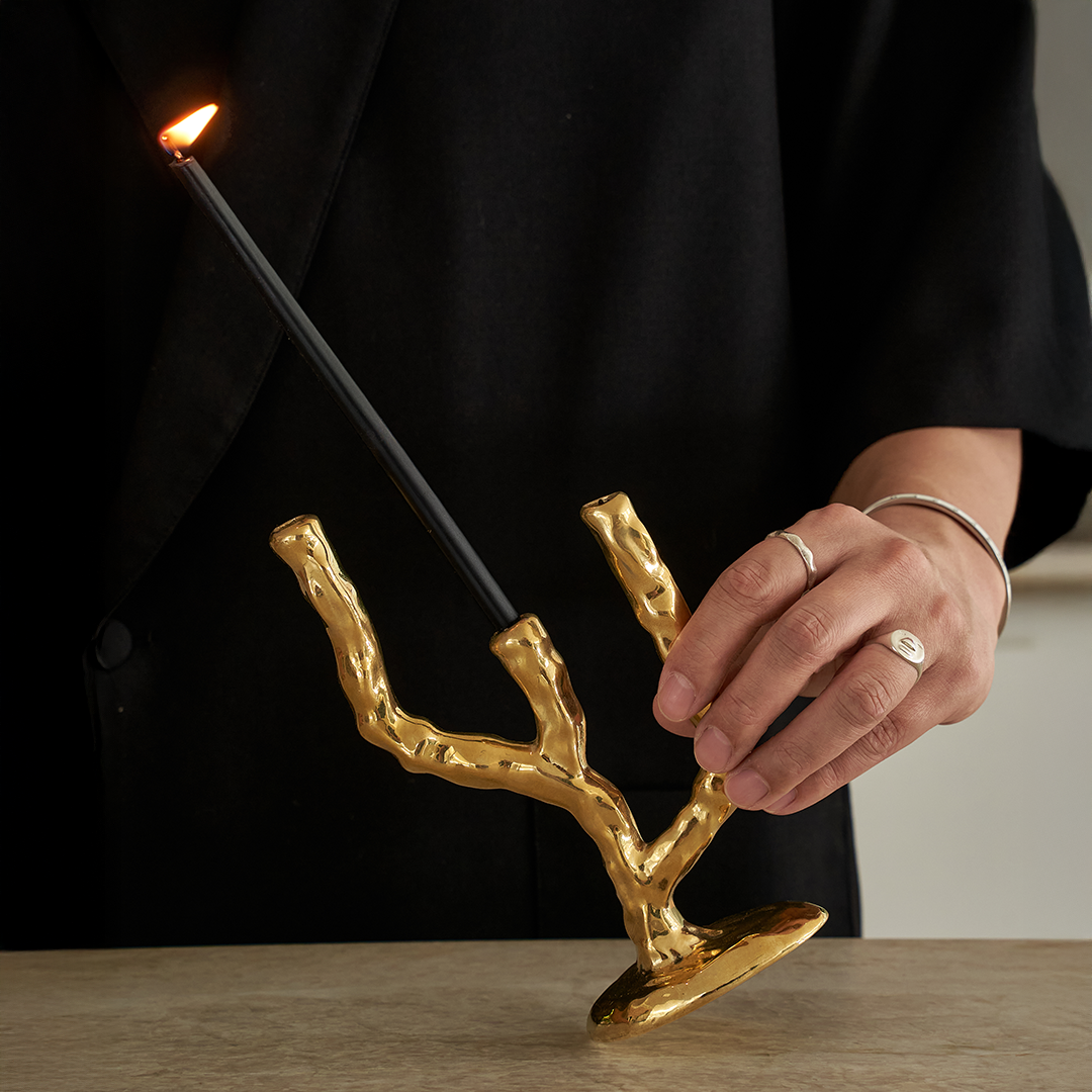 Twig Brass Candle Holder - Triple - BLACK BLAZE
