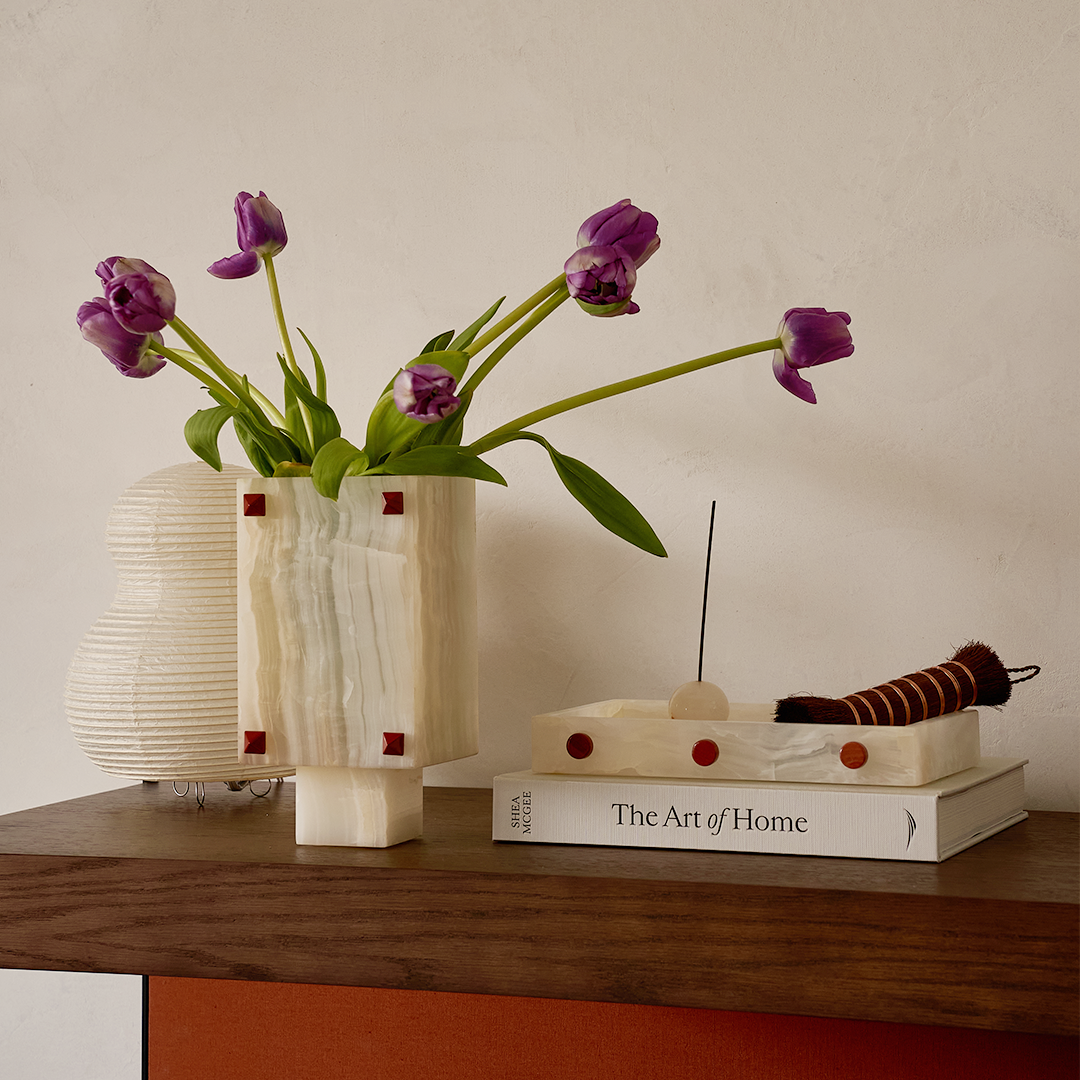 Trunk Vase - White Onyx with Rivets