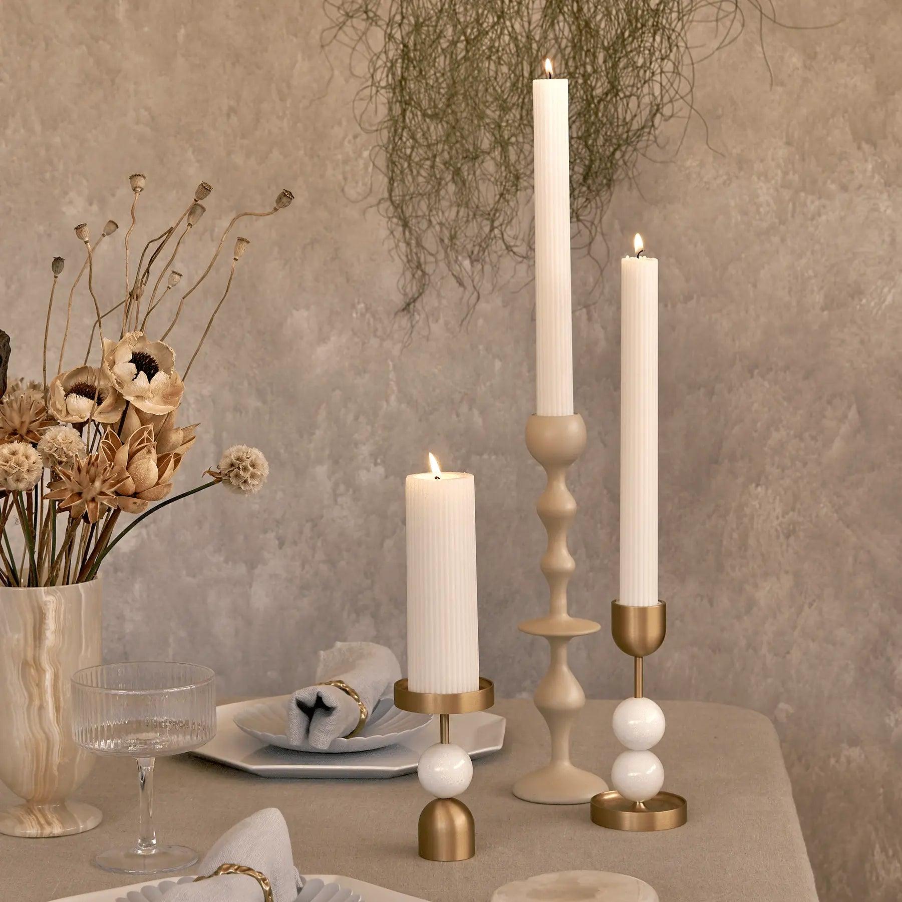 Beaded Fountain Brass Candle Holder - White Large - BLACK BLAZE - Pillar Candle - BLACK BLAZE
