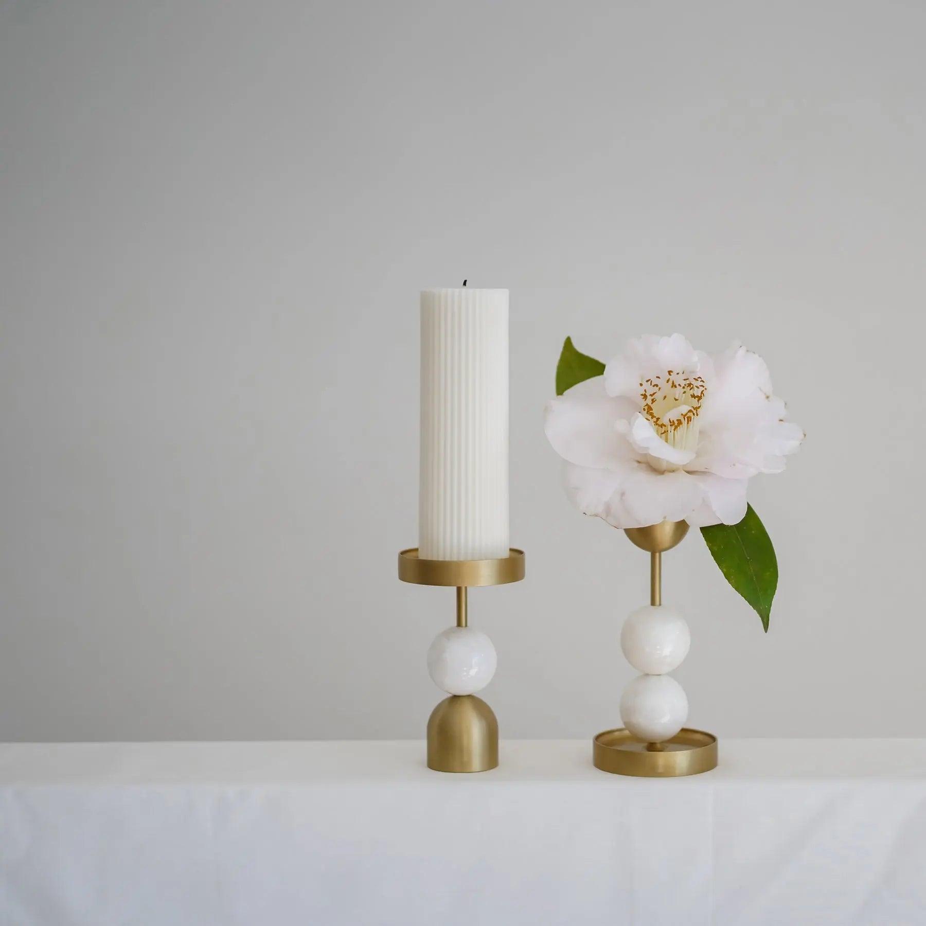 Beaded Fountain Brass Candle Holder - White Large - BLACK BLAZE - Pillar Candle - BLACK BLAZE