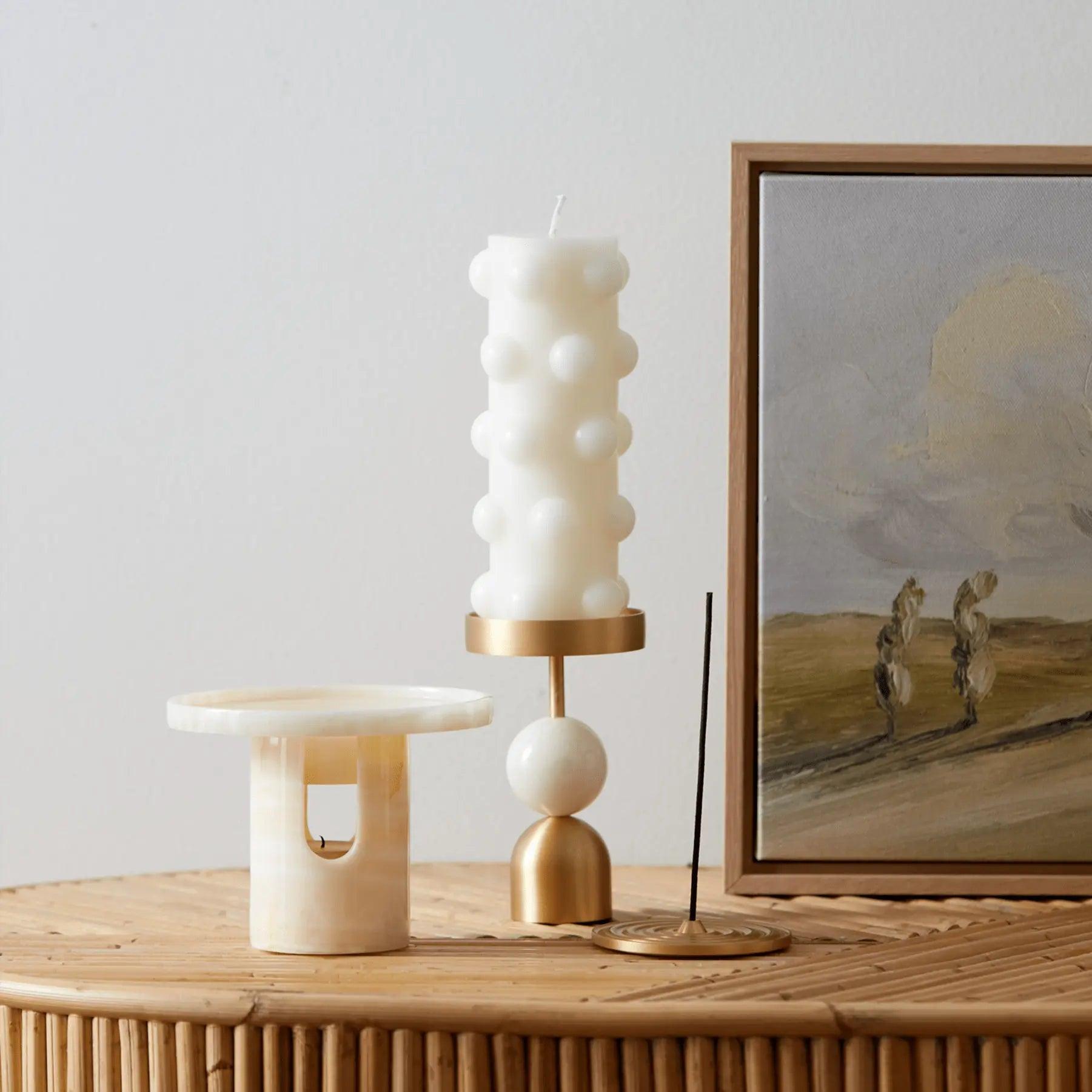 Beaded Fountain Brass Candle Holder - White Medium - BLACK BLAZE - Pillar Candle - BLACK BLAZE