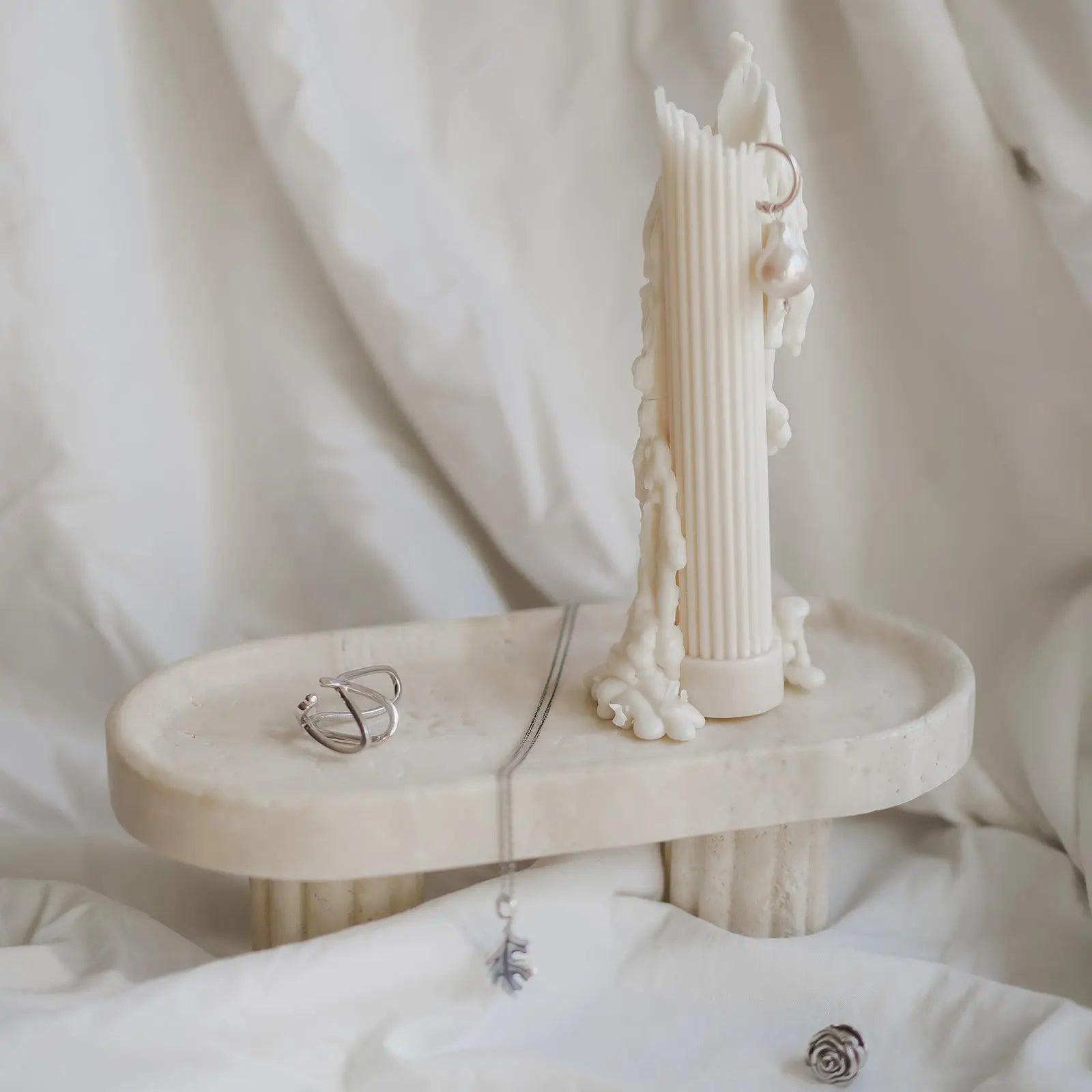 Column Tray - Oval / Travertine - BLACK BLAZE - Pillar Candle - BLACK BLAZE