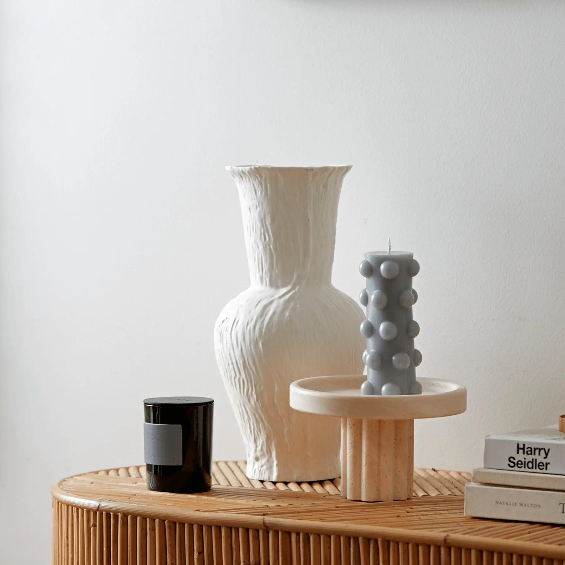 Column Tray - Round / Travertine - BLACK BLAZE - Pillar Candle - BLACK BLAZE
