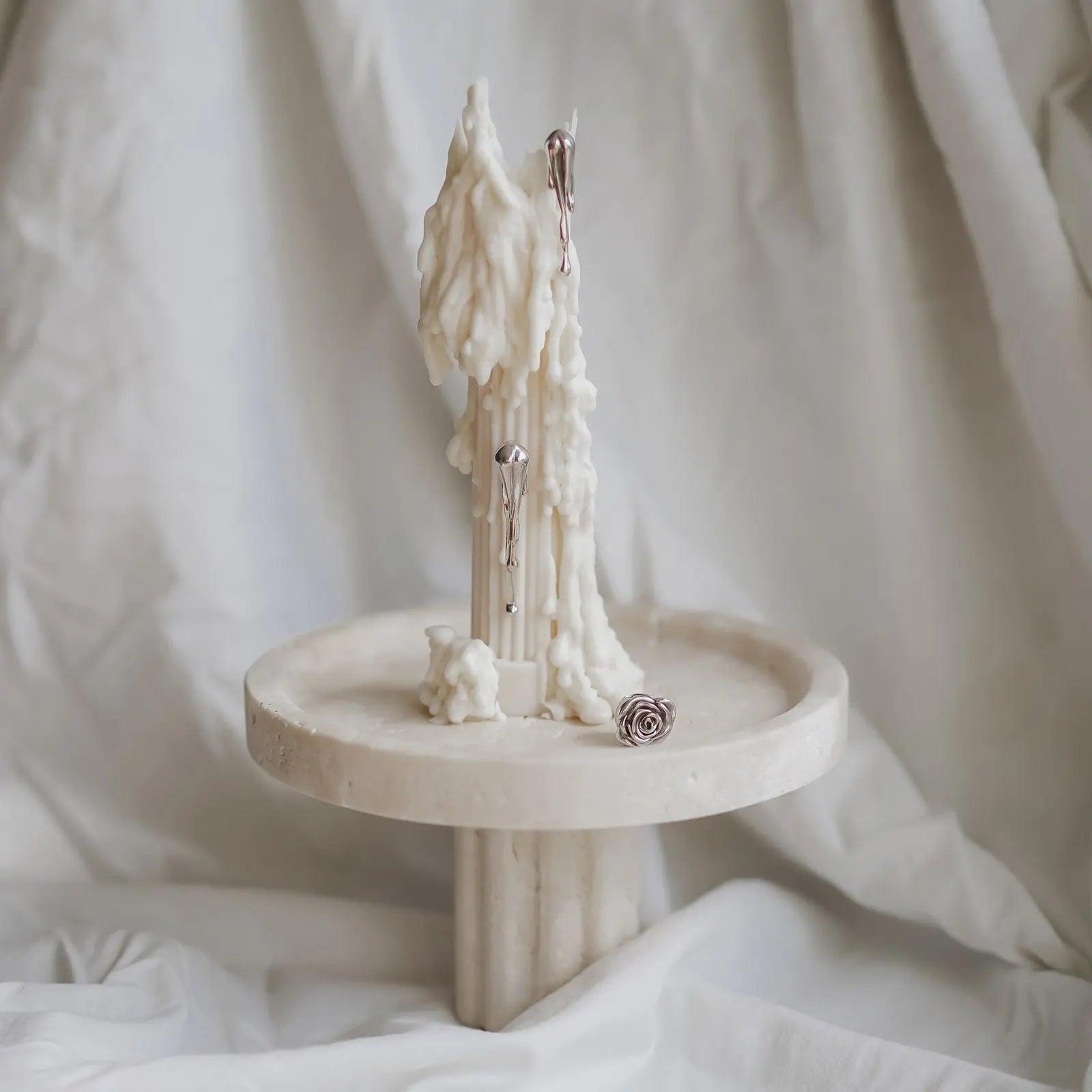 Column Tray - Round / Travertine - BLACK BLAZE - Pillar Candle - BLACK BLAZE
