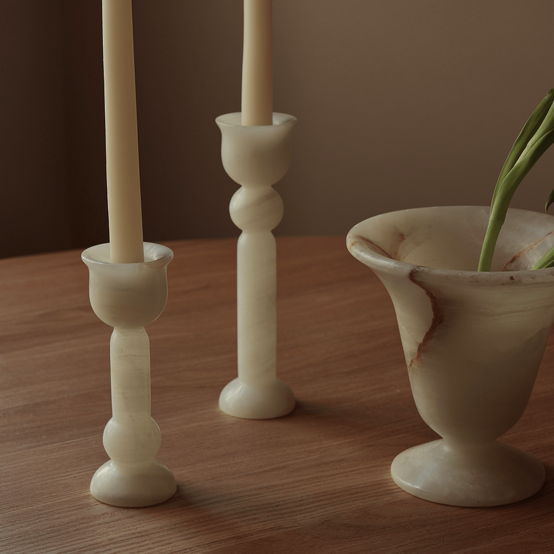 Bell Candle Holder Low - White Onyx - Pillar Candle - Black Blaze