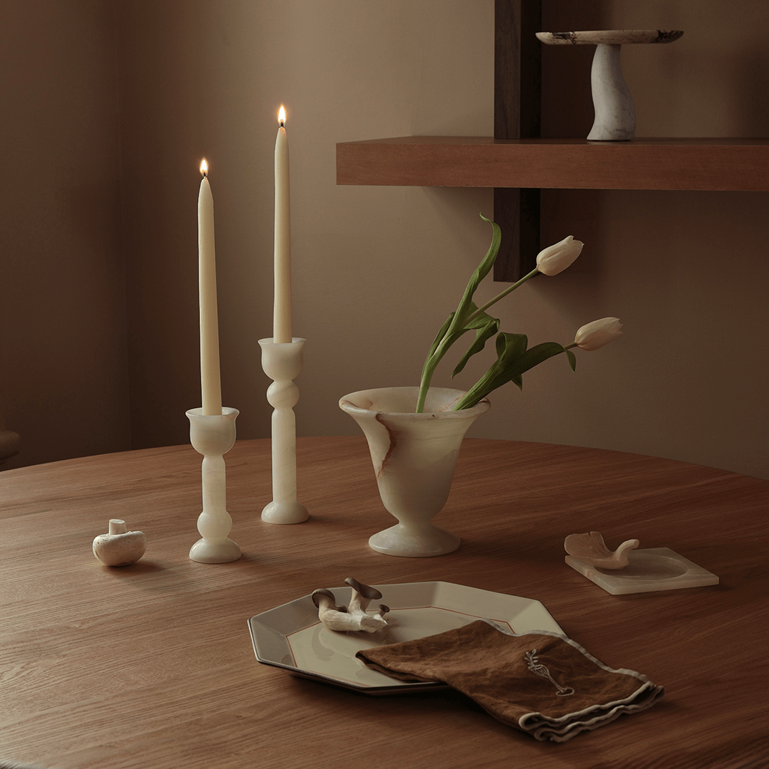 Bell Candle Holder Tall - White Onyx - Pillar Candle - Black Blaze