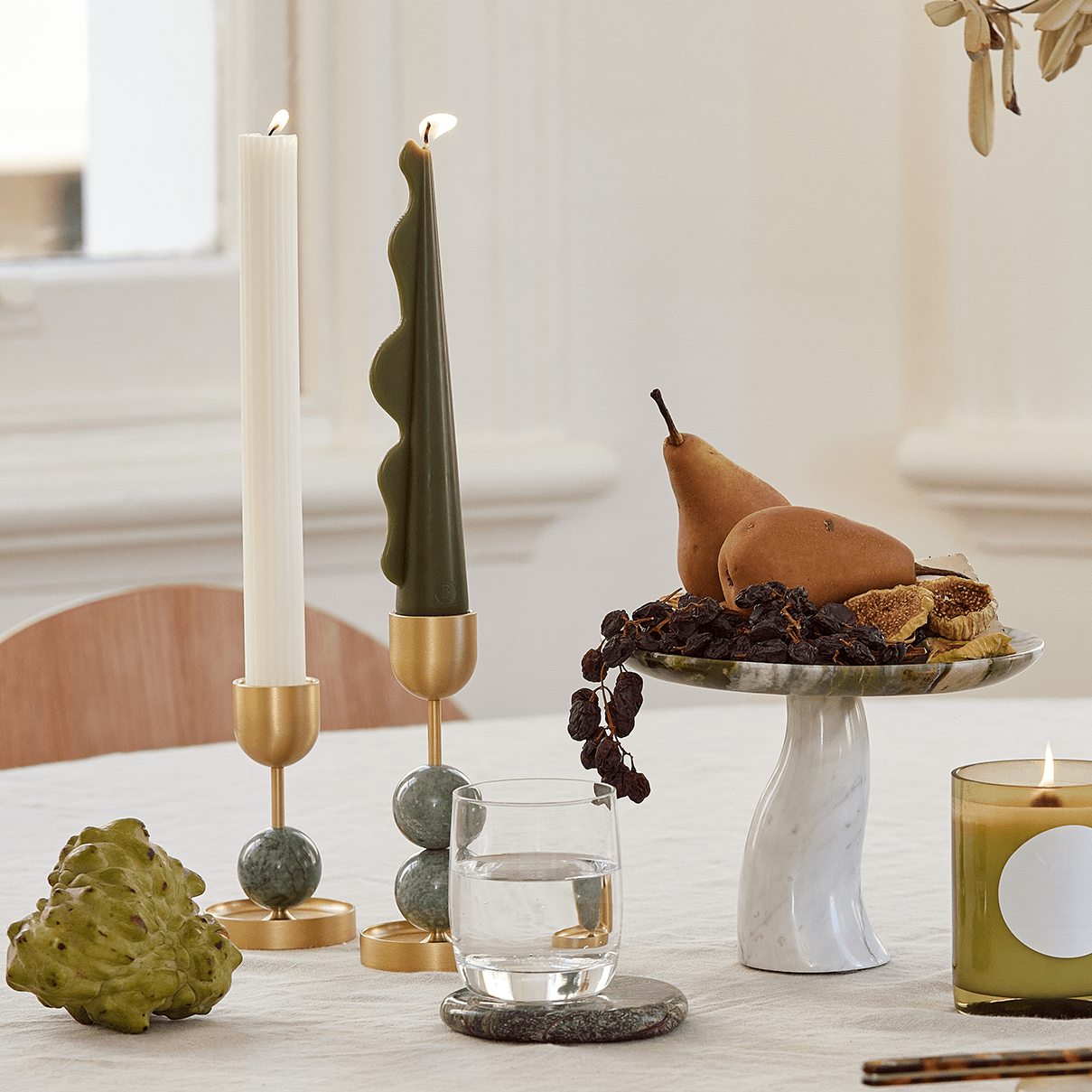 Beaded Fountain Brass Candle Holder - Green Medium - BLACK BLAZE - Pillar Candle - BLACK BLAZE