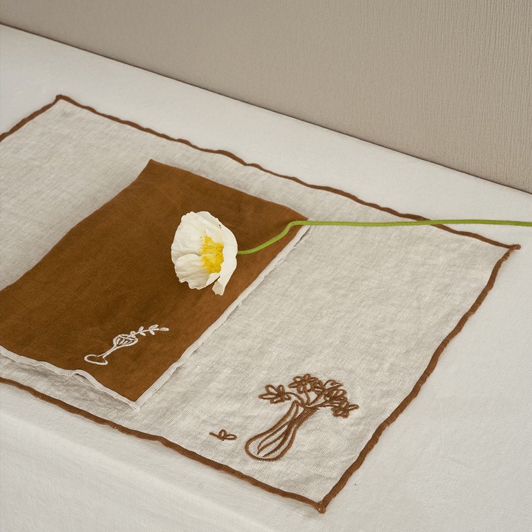 Embroidered Linen Placemat Set – Blooms - Tableware - Black Blaze