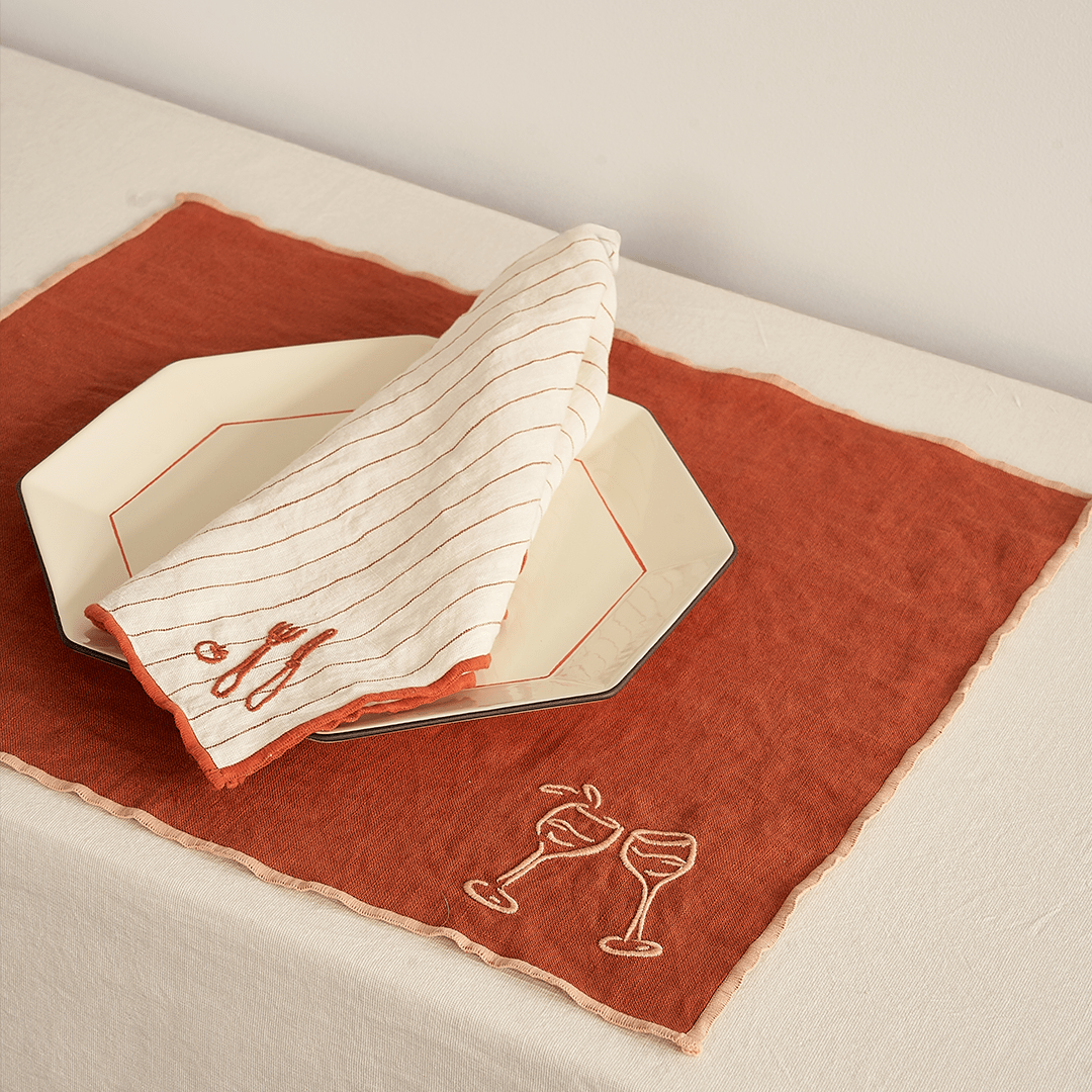 Embroidered Linen Placemat Set – Cheers - Tableware - Black Blaze