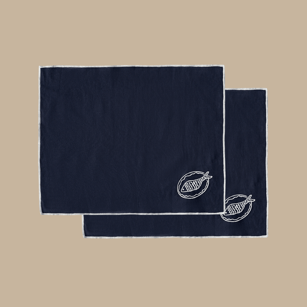 Embroidered Linen Placemat Set – Fish Plate - BLACK BLAZE - Tableware - BLACK BLAZE