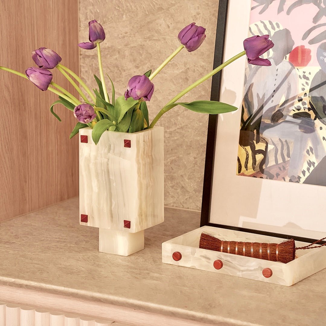 Forma Rectangle Tray - White Onyx with Buttons - Home Tray - Black Blaze