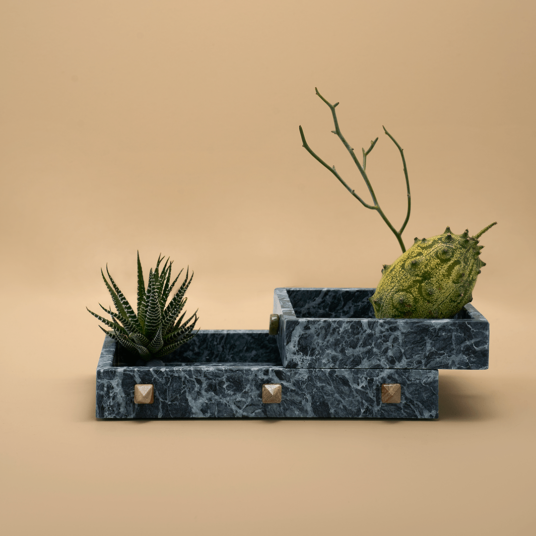 Forma Square Tray - Verde Alpi Marble with Buttons - Home Tray - Black Blaze