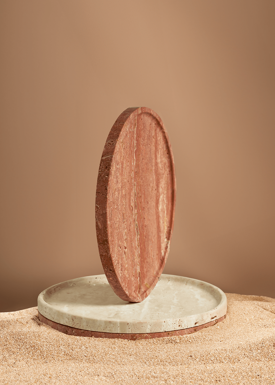 Linea Slim Marble Tray - Red Travertine - Pillar Candle - Black Blaze