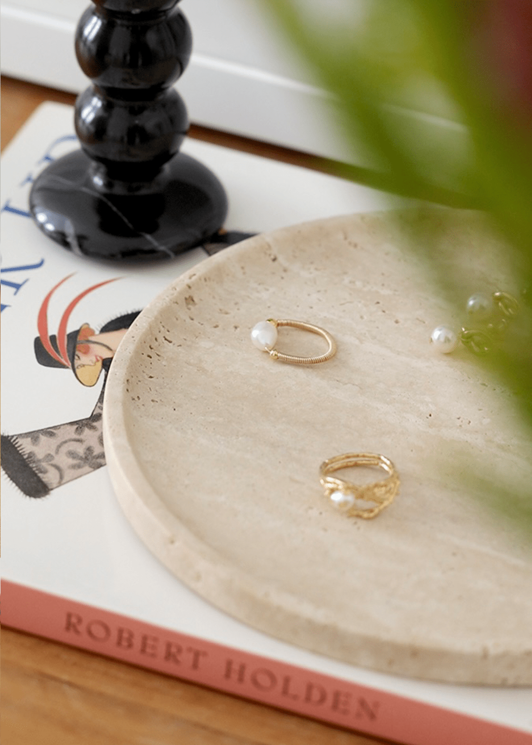 Linea Slim Marble Tray - Yellow Travertine - BLACK BLAZE - Pillar Candle - BLACK BLAZE