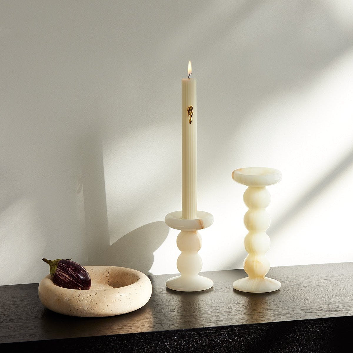Orb White Onyx Candle Holder Medium - Pillar Candle - Black Blaze