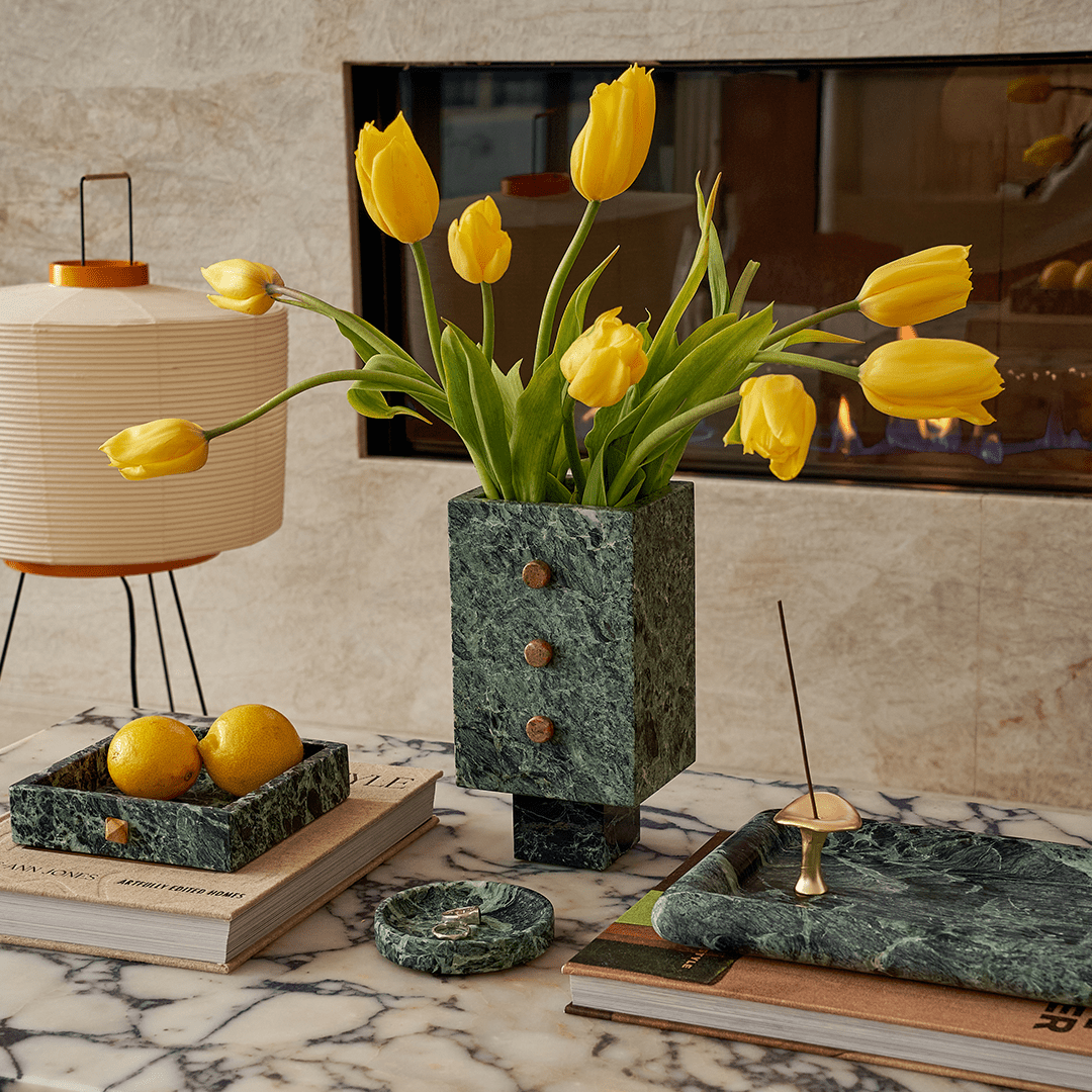 Trunk Vase - Verde Alpi Marble with Buttons - Accessories - Black Blaze