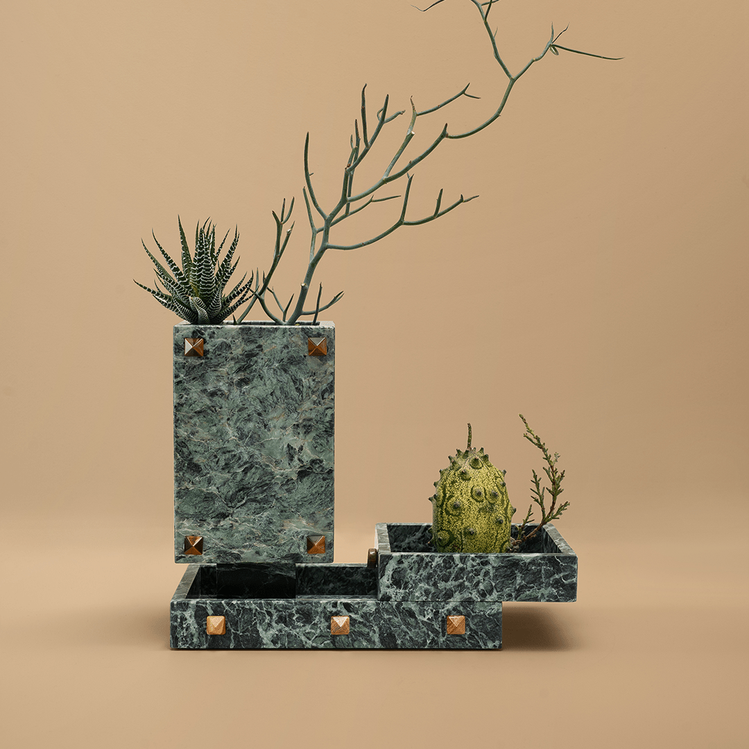 Trunk Vase - Verde Alpi Marble with Rivets - Accessories - Black Blaze