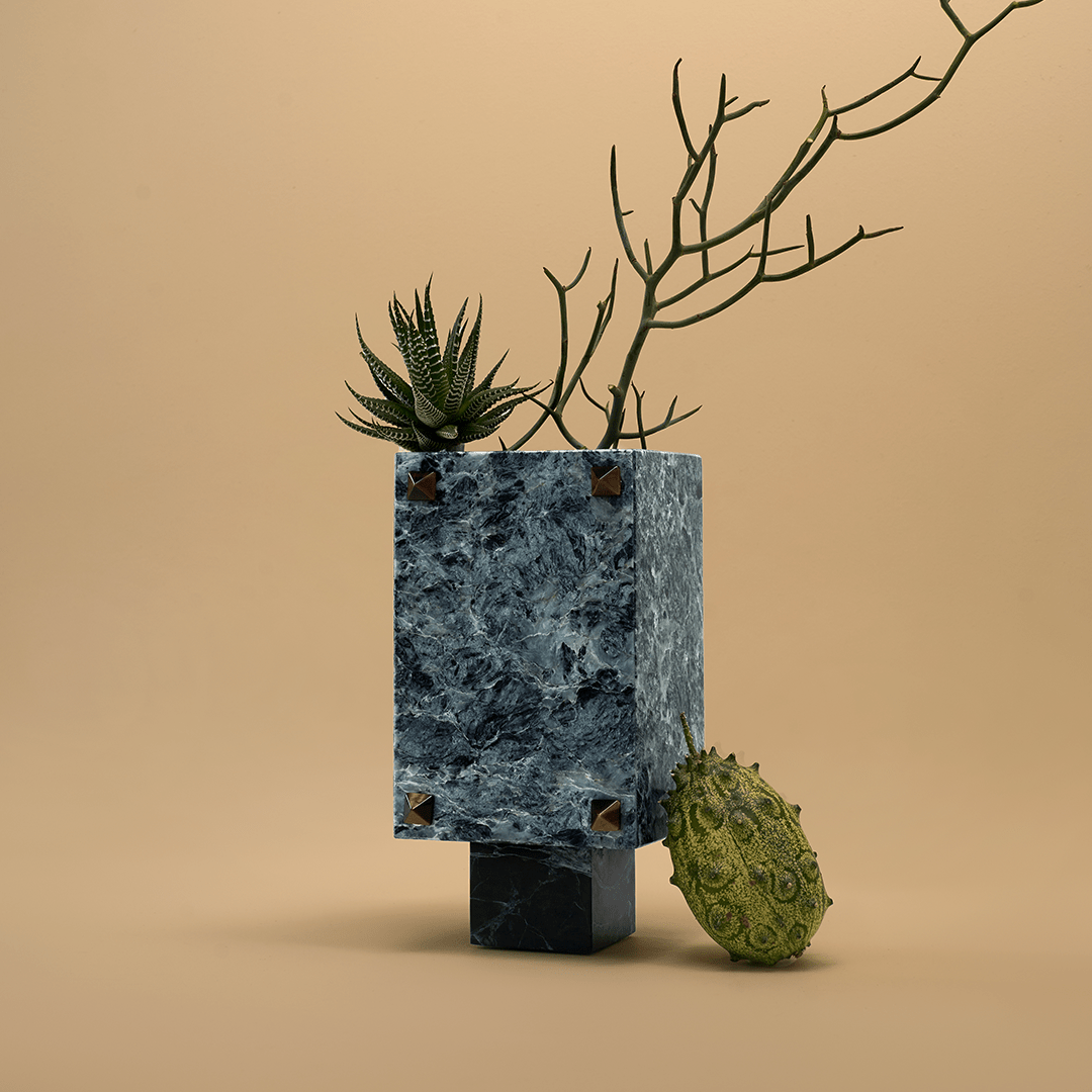 Trunk Vase - Verde Alpi Marble with Rivets - Accessories - Black Blaze