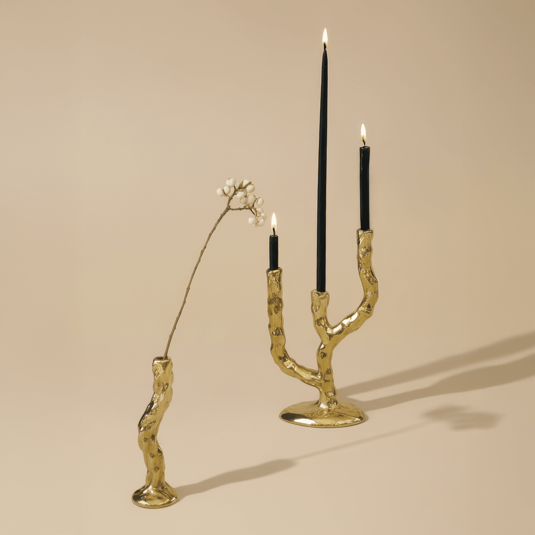 Twig Brass Candle Holder - Single - Pillar Candle - Black Blaze
