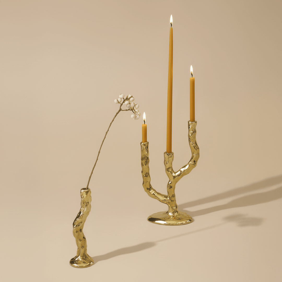 Twig Brass Candle Holder - Triple - Pillar Candle - Black Blaze
