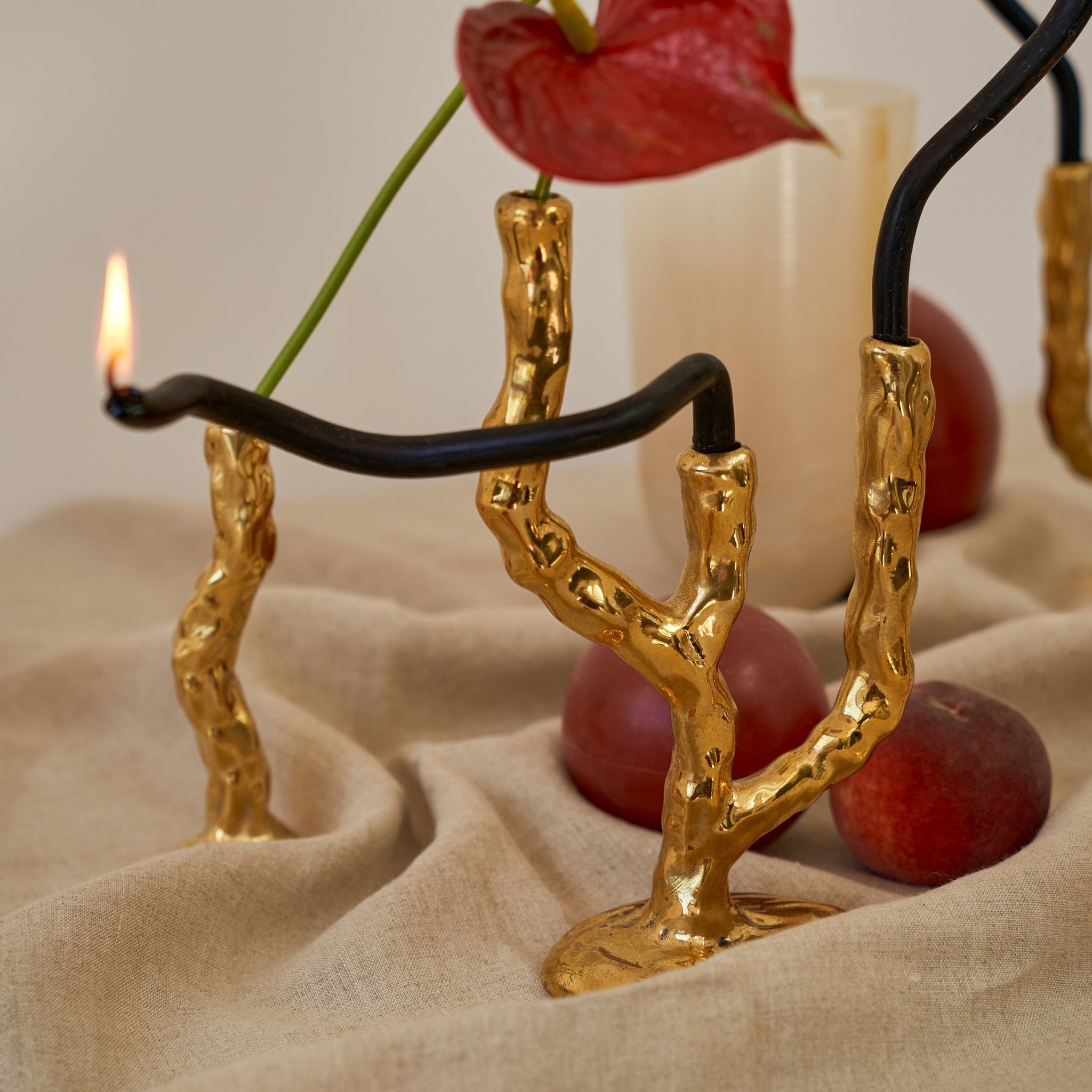 Twig Brass Candle Holder - Triple - Pillar Candle - Black Blaze