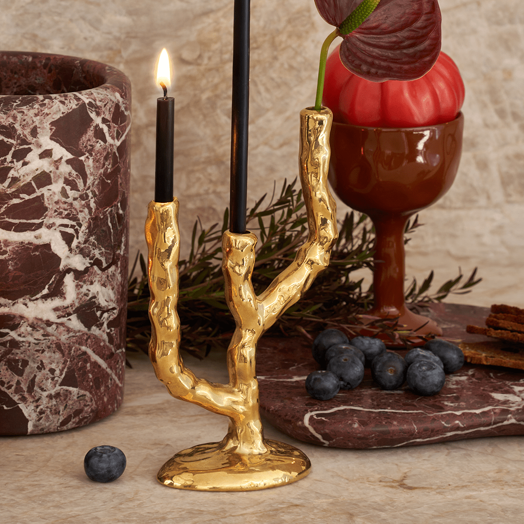 Twig Brass Candle Holder - Triple - Pillar Candle - Black Blaze