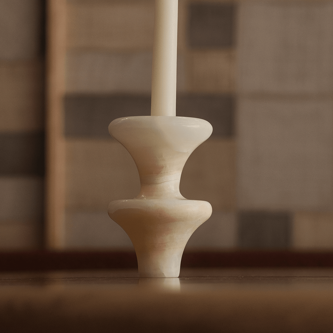 Double Bell Candle Holder - White Onyx - Pillar Candle - Black Blaze