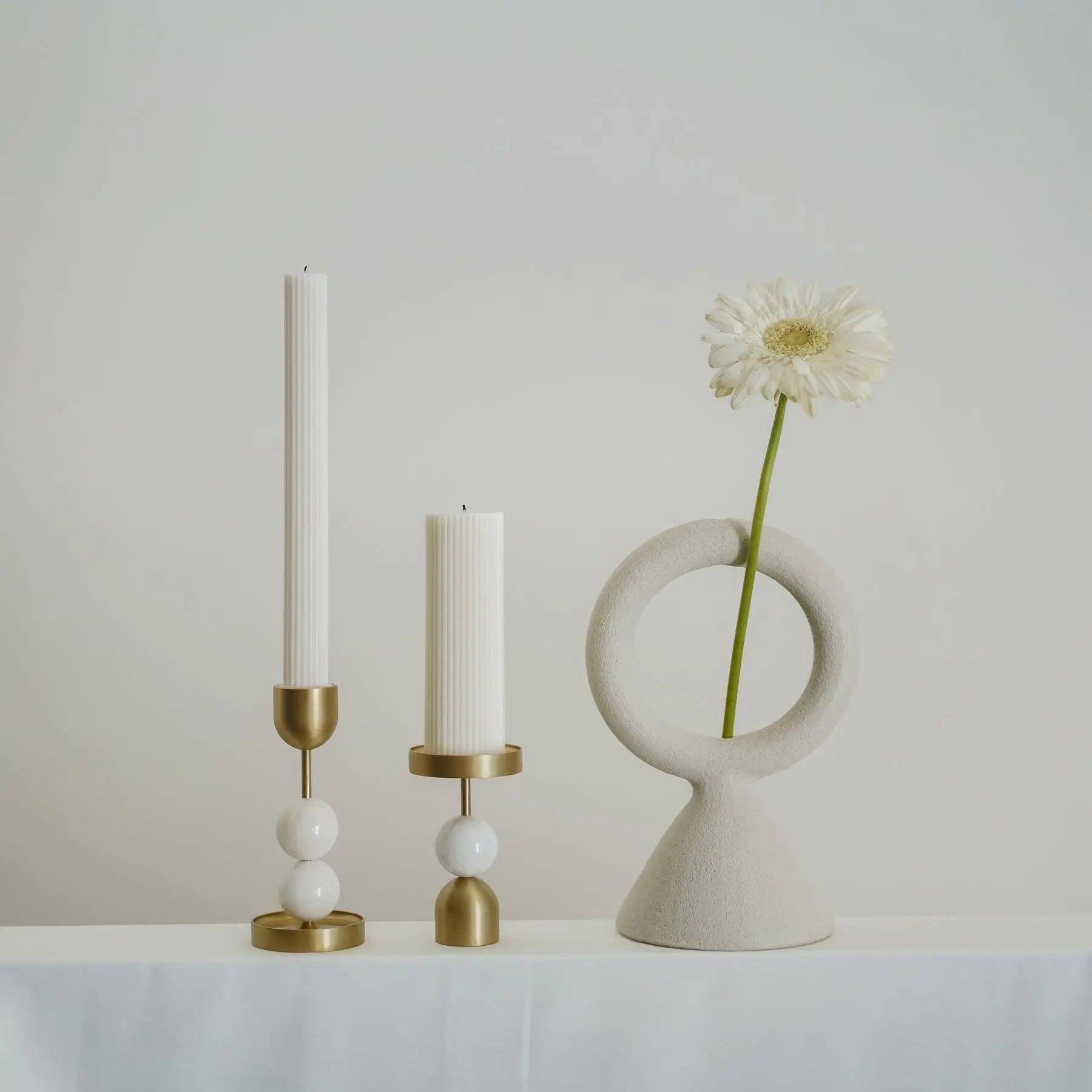 Beaded Fountain Brass Candle Holder - White Large - BLACK BLAZE - Pillar Candle - BLACK BLAZE
