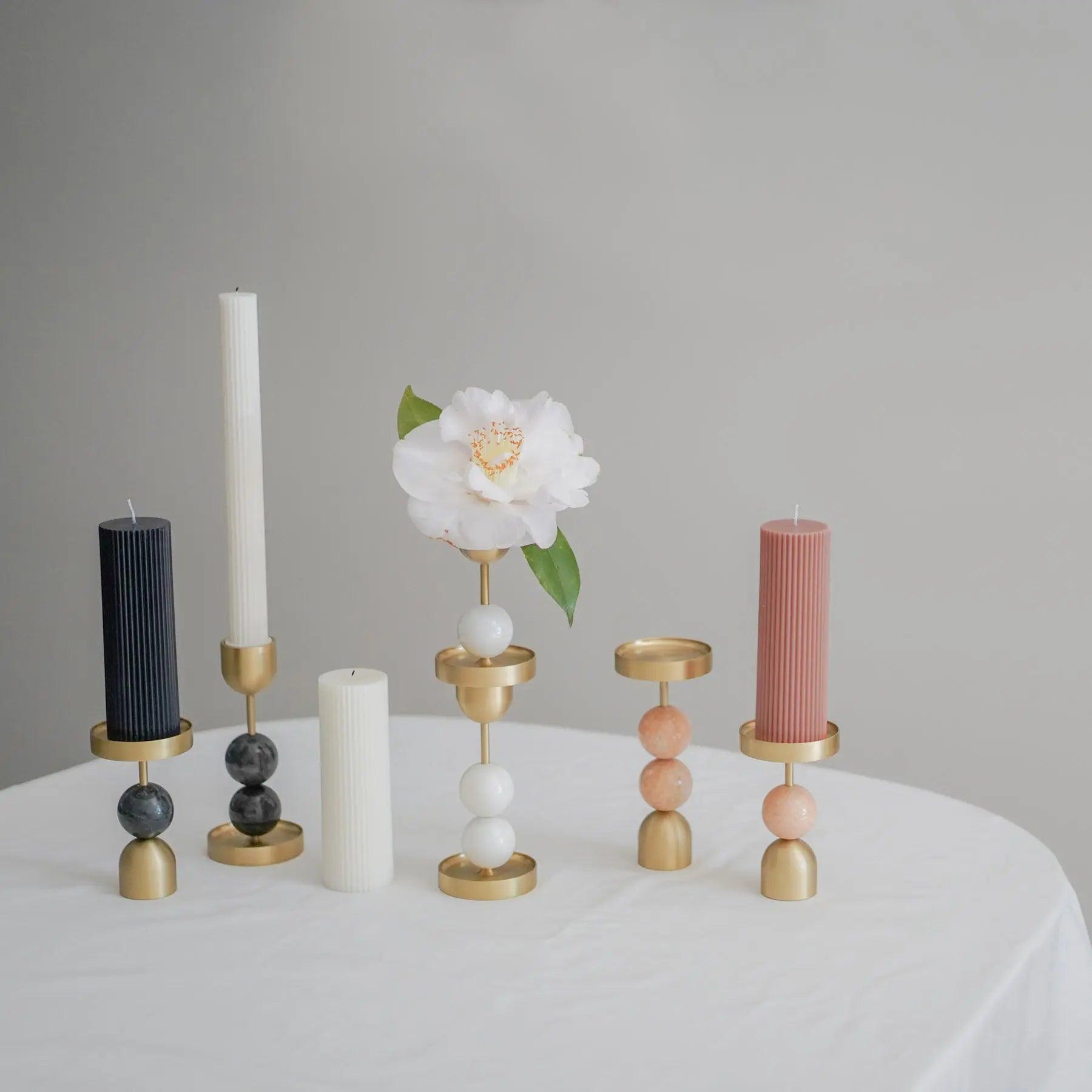 Beaded Fountain Brass Candle Holder - White Medium - BLACK BLAZE - Pillar Candle - BLACK BLAZE