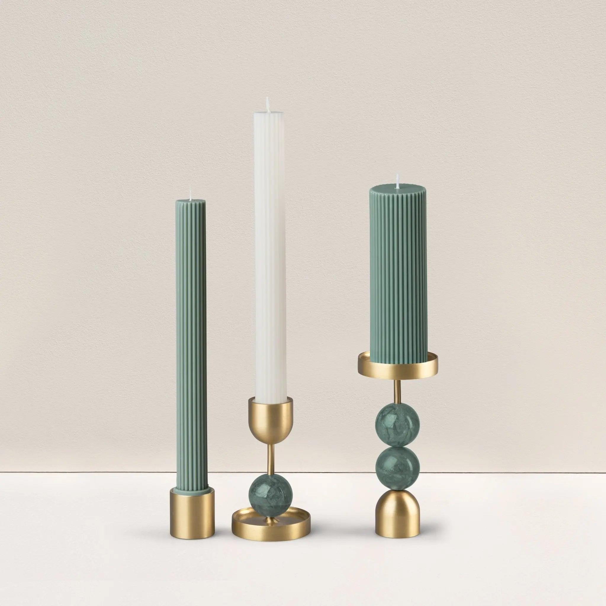 Beaded Fountain Brass Candle Holder - Green Medium - Pillar Candle - Black Blaze
