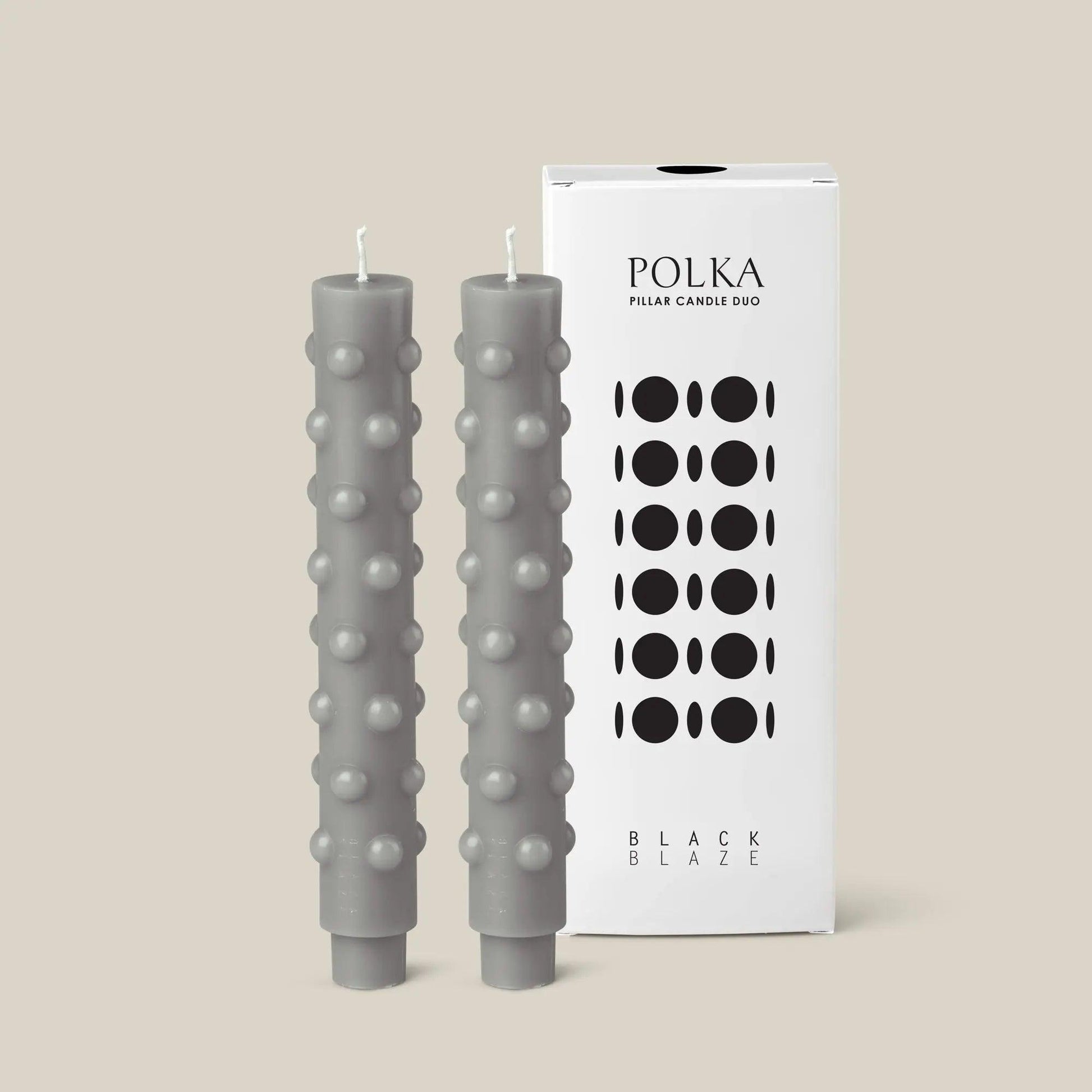 Polka Candle Duo- Grey - BLACK BLAZE - Pillar Candle - BLACK BLAZE